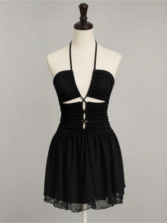 Fashion Nova Dresses & Skirts - Black Halter Cutout Ruched Skater Mini Dress Lace Trim